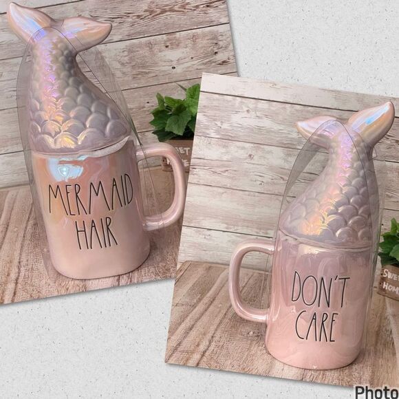NWT Rae Dunn “MERMAID HAIR / DON’T CARE” Iridescent Ceramic Mug Mermaid Tail Lid - Picture 1 of 11